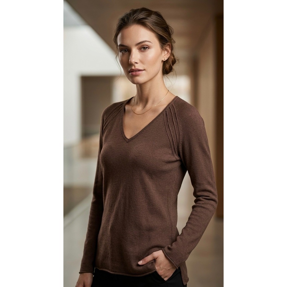 Cashmere Cotton Blend V-Neck Sweater Brown Long Sleeve Raised Seam Detail Small